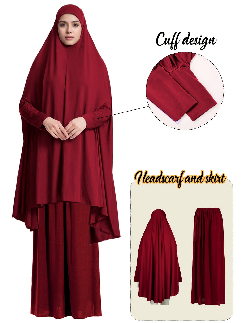 2pcs Women'S Solid Color Robe And Skirt Set, a Conservative And Elegant Outfit for Everyday Wear, Featuring Sleeves Inspired by Middle Eastern Traditional Culture, Abayas - Burgundy