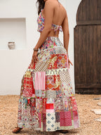 Spring/Summer Floral Print Casual Bohemian Ruffle Hem Patchwork High-Waist Elegant Vacation Dress, Suitable for Independence Day, Graduation, Dating, Beach, Festivals, Honeymoon, Music Festivals - Multicolor