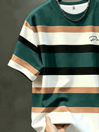 Men's Casual Crew Neck T-Shirt with Vertical Striped Contrast Color - Breathable Regular Fit Suitable for Daily & Formal Wear, All-Season, Durable Machine-Washable Fabric, Sporty Style for Teens & Adults, Gift for Outdoor Activities - Dark Green