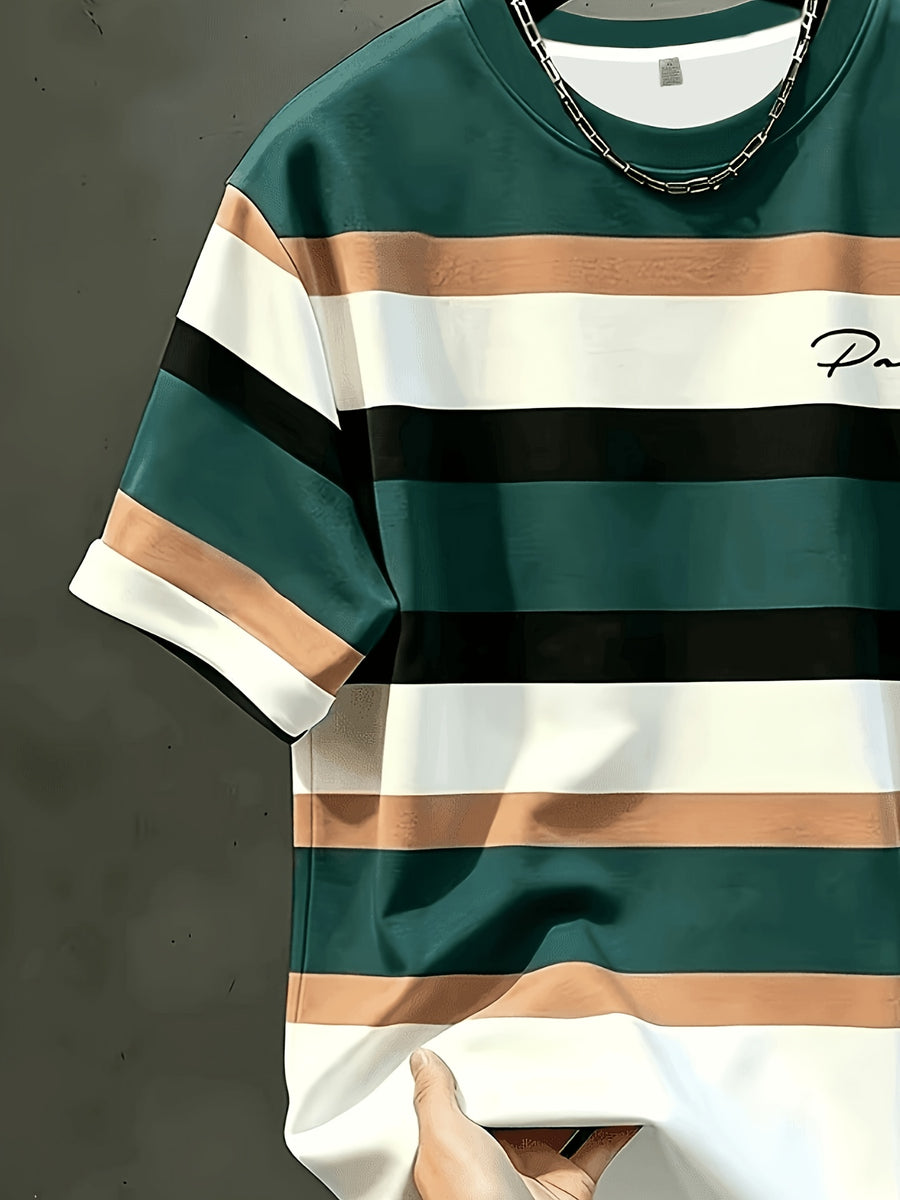 Men's Casual Crew Neck T-Shirt with Vertical Striped Contrast Color - Breathable Regular Fit Suitable for Daily & Formal Wear, All-Season, Durable Machine-Washable Fabric, Sporty Style for Teens & Adults, Gift for Outdoor Activities - Dark Green