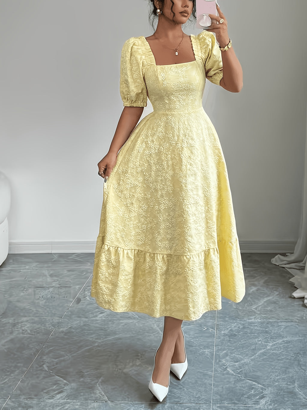 Sophisticated And Beautiful Dress for Bridesmaids, Featuring Floral Jacquard Material, a Square Neckline with Puff Short Sleeves, a Smocked Back with a Cinched Waist, And an A-Line Silhouette, Perfect for Everyday Wear, Dates, Parties, And Vacations - Yellow
