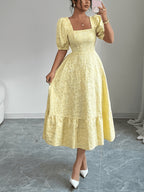 Sophisticated And Beautiful Dress for Bridesmaids, Featuring Floral Jacquard Material, a Square Neckline with Puff Short Sleeves, a Smocked Back with a Cinched Waist, And an A-Line Silhouette, Perfect for Everyday Wear, Dates, Parties, And Vacations - Yellow