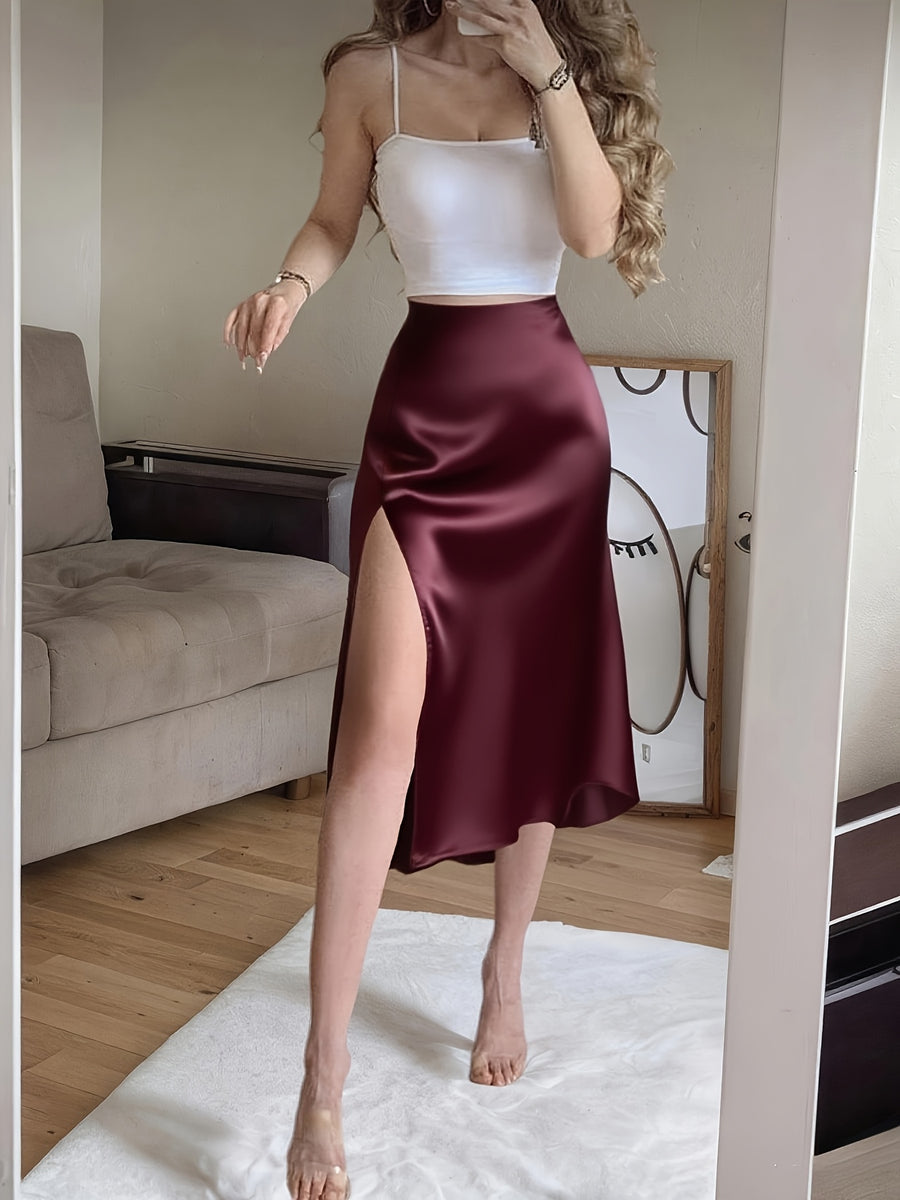 Fashionable City Commute Casual Outing Beach Vacation Home Outerwear Slit Satin-Like Pink Women'S Skirt - Burgundy