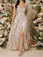 Women's Elegant V-Neck Floral Print Cross Front Long Sleeveless Maxi Dress - Lightweight Breathable Machine Washable All-Season Casual Vacation Beach Dress, Beach Dresses, Summer Fashion, Flowy Fabric - Multicolor