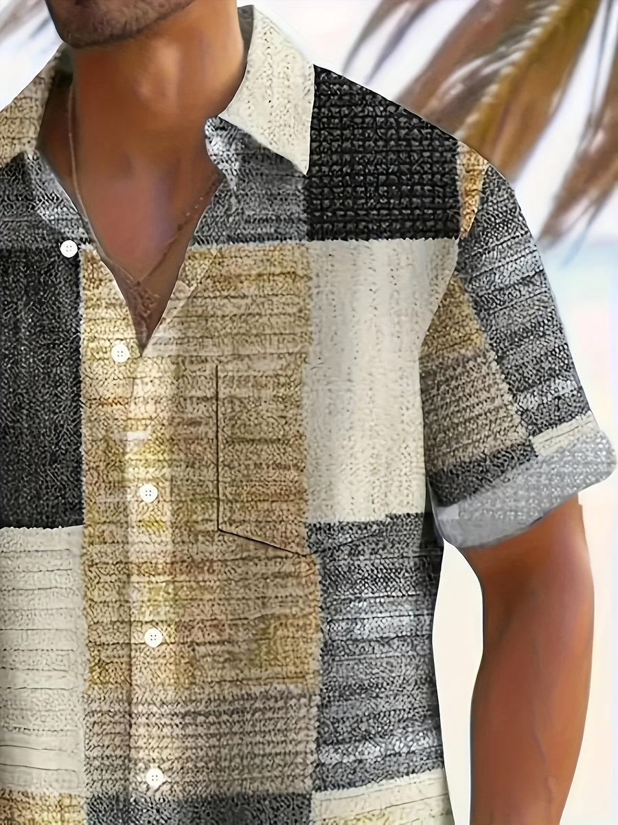 Men'S Vintage Geometric Pattern Short Sleeve Button Up Casual Shirt with Pocket, Fashion Top for Outdoor Activities Holiday As Gifts - Mixed colors