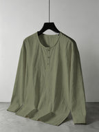 Men's Summer Linen Long Sleeve Shirt, Breathable Round Neck, Loose Fit. Suitable for Daily Casual, Beach Vacation or Yoga Sports, Also a Great Valentine's Day Gift for Him. - Green