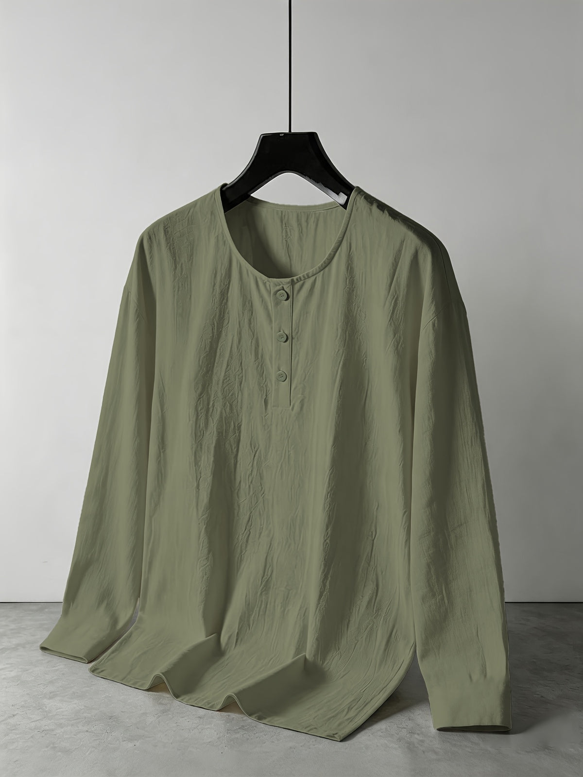 Men's Summer Linen Long Sleeve Shirt, Breathable Round Neck, Loose Fit. Suitable for Daily Casual, Beach Vacation or Yoga Sports, Also a Great Valentine's Day Gift for Him. - Green