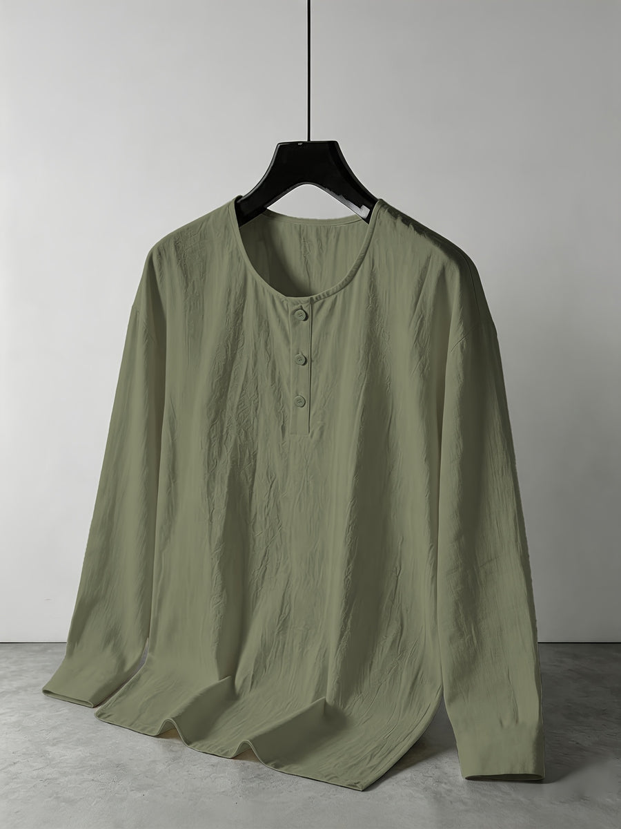 Men's Summer Linen Long Sleeve Shirt, Breathable Round Neck, Loose Fit. Suitable for Daily Casual, Beach Vacation or Yoga Sports, Also a Great Valentine's Day Gift for Him. - Green