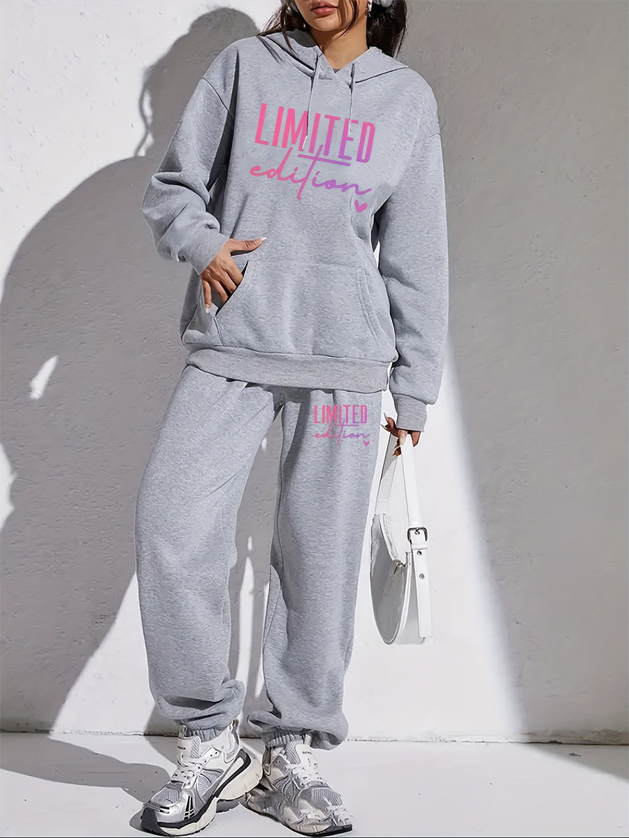 Women'S Casual Trendy Fashion Hoodie And Pants Set - Light Grey
