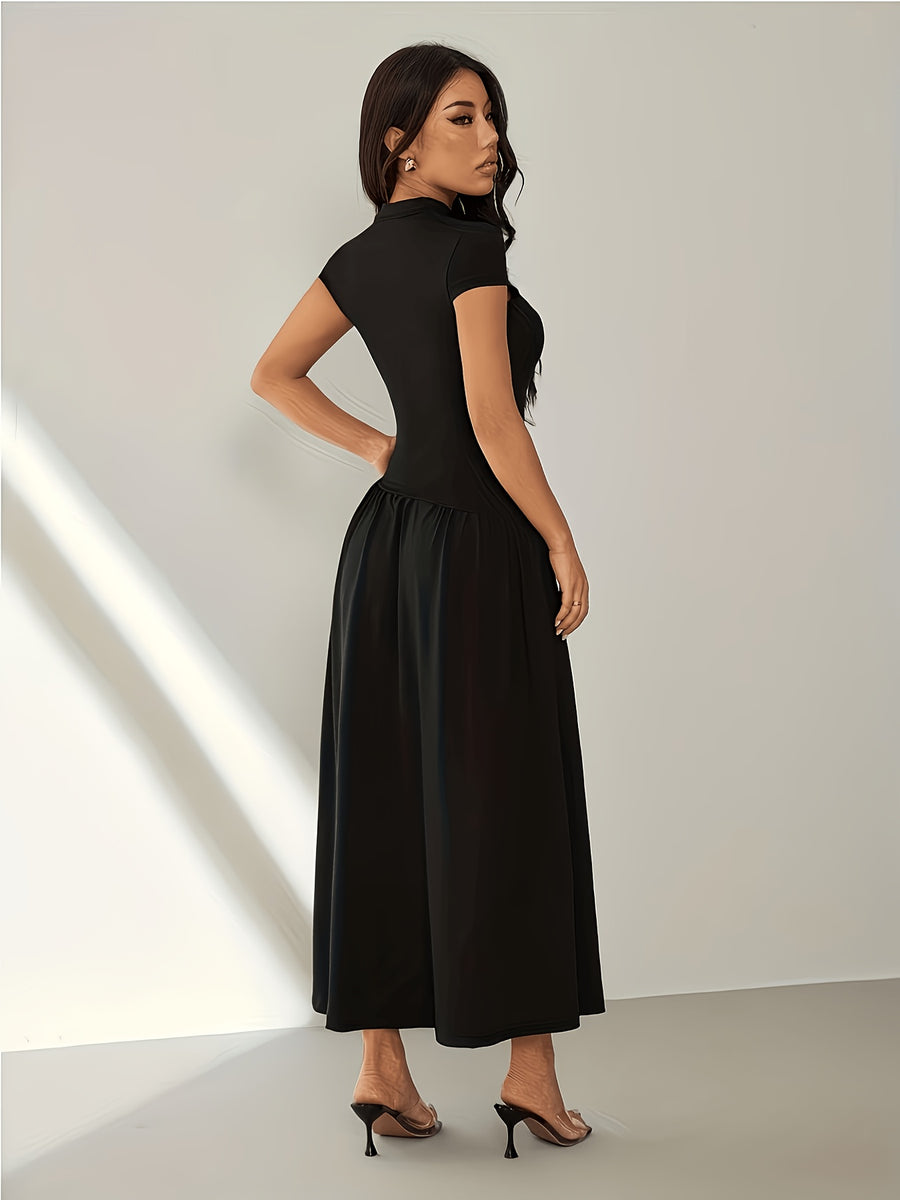 Women's Solid Color Stand Collar Puff Sleeve Pleated Long Casual Dress, Summer Dress - Black