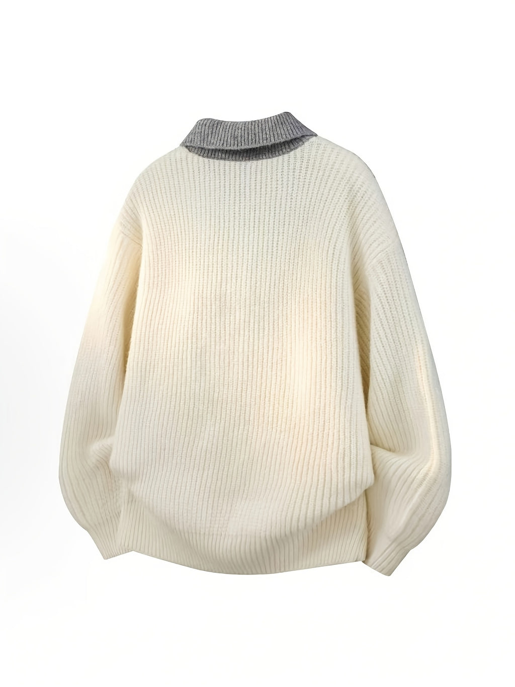 Simple Casual Color-Block Patchwork Lapel Pullover Long-Sleeve Sweater, Fashionable 2-in-1 Look Knitwear - Milky