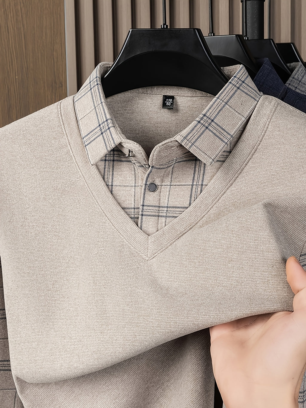 Men's 2-in-1 Look Long Sleeve Polo Shirt, Plaid Shirt Collar Spliced Top, Simple, Elegant, Delicate, and Skin-Friendly, Business Commute, Business Trip, Travel Top, Loose and Casual Men's Clothing for Home and Daily Wear, Available in Multiple Colors - Camel