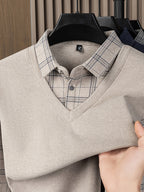 Men's 2-in-1 Look Long Sleeve Polo Shirt, Plaid Shirt Collar Spliced Top, Simple, Elegant, Delicate, and Skin-Friendly, Business Commute, Business Trip, Travel Top, Loose and Casual Men's Clothing for Home and Daily Wear, Available in Multiple Colors - Camel