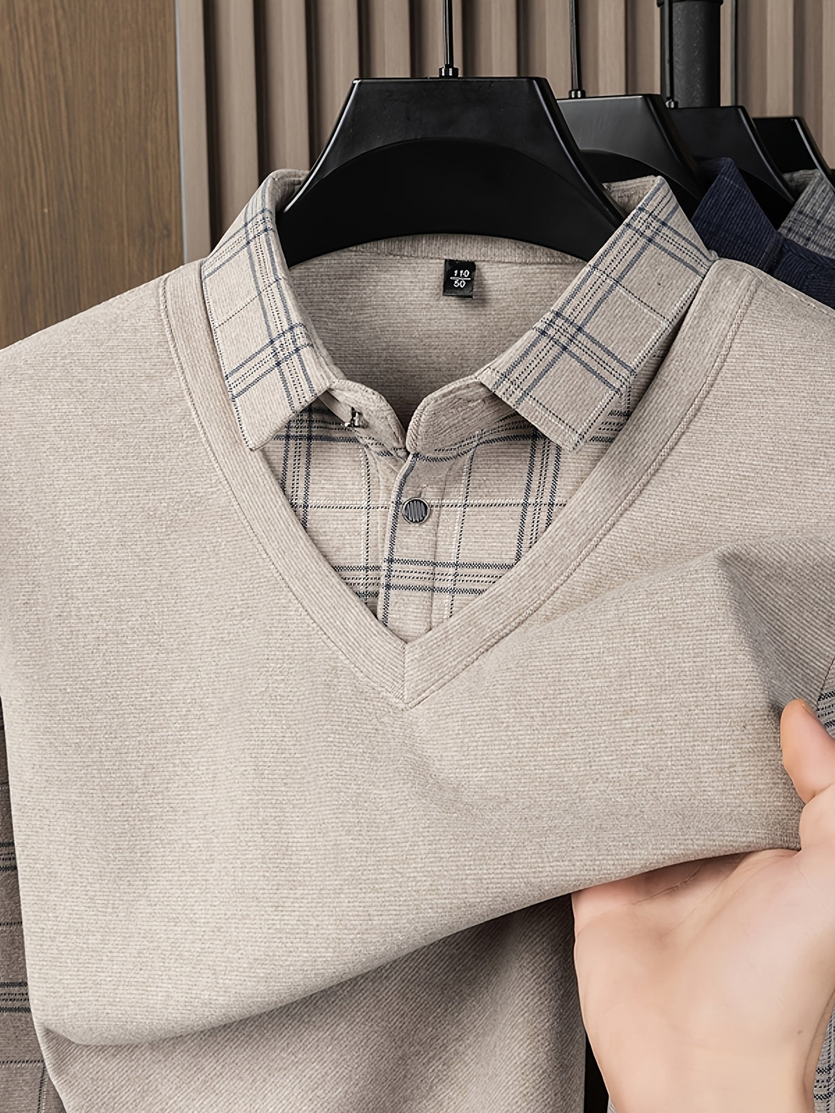Men's 2-in-1 Look Long Sleeve Polo Shirt, Plaid Shirt Collar Spliced Top, Simple, Elegant, Delicate, and Skin-Friendly, Business Commute, Business Trip, Travel Top, Loose and Casual Men's Clothing for Home and Daily Wear, Available in Multiple Colors - Camel