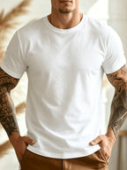 Men's Casual Summer New Solid Color Pure Cotton T-Shirt for Daily Wear, High-Quality Cotton Material, Classic Fit, Comfortable Style, Machine Washable, Suitable for Multi-Scene Outfits, Preferred Outdoor Apparel for Fitness and Outdoor Sports - White