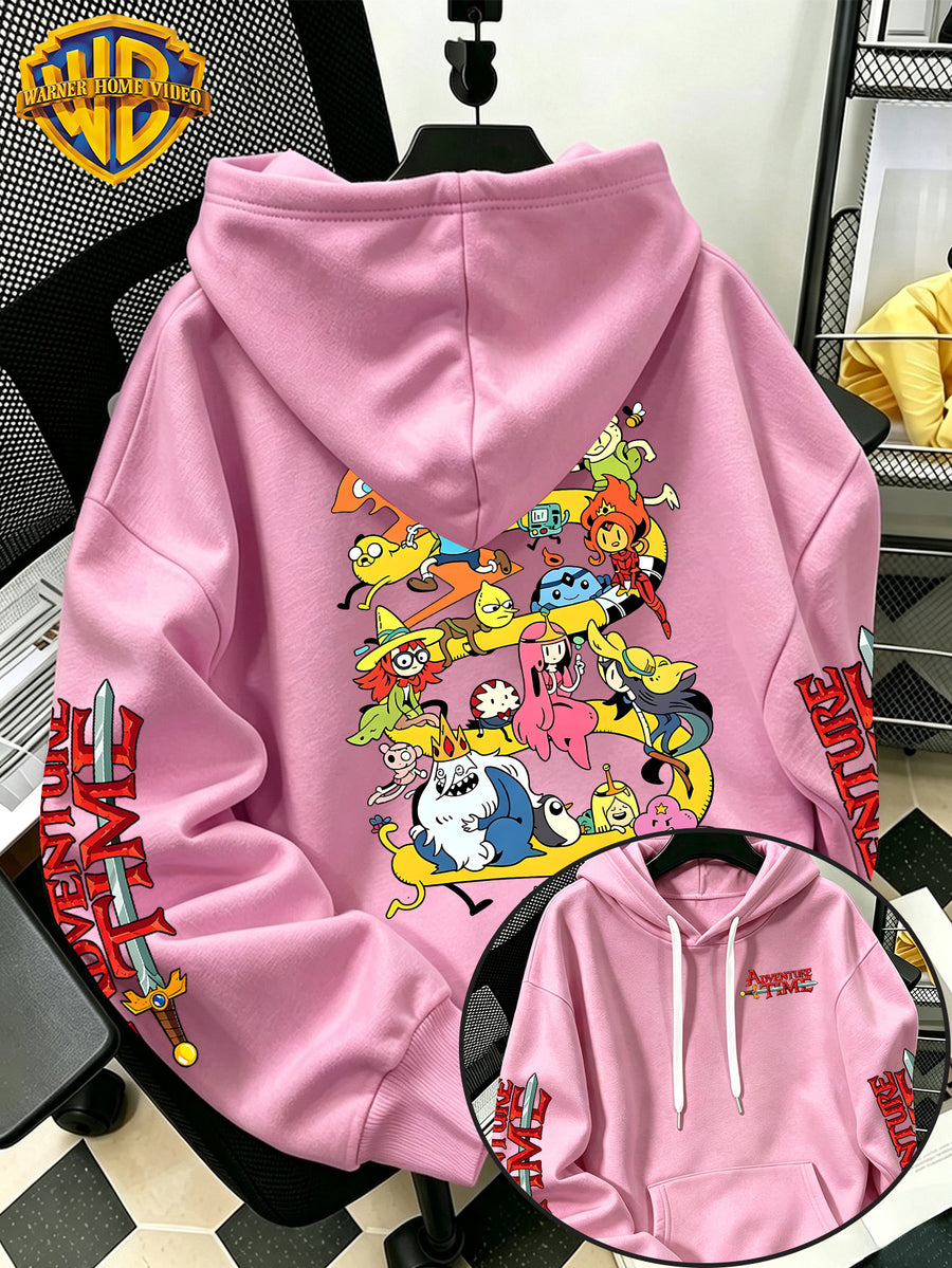 Warner Bros Official Adventure Time Letter B Full Cast All-Around Cartoon Print Hooded Sweatshirt - Men's Casual Versatile Sweatshirt, Comfortable Autumn/Winter Wear, Ideal for Sports, Outdoors, Outings, Travel, and Daily/Commute/Home Use - Pink Color