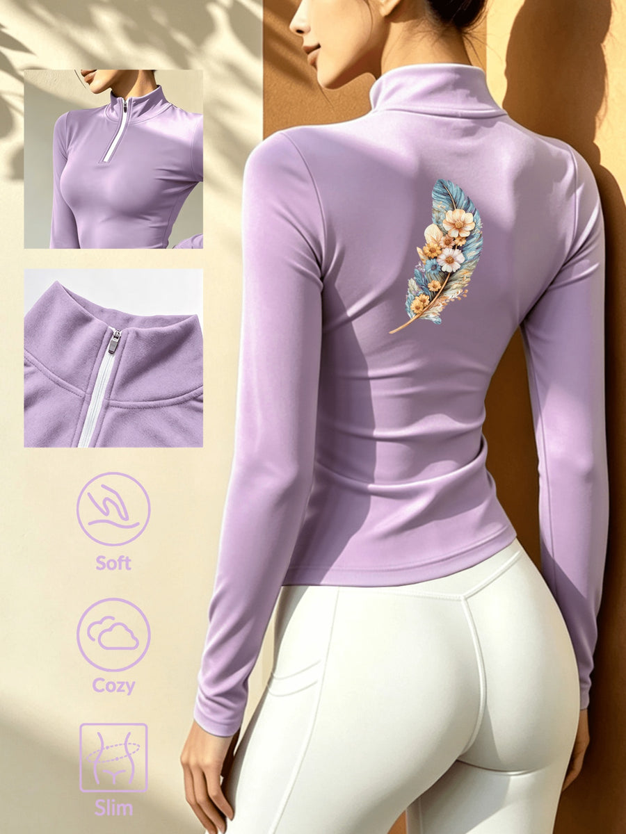 Women'S Soft Elastic High-Neck Printed Fitted Top, Thickened Warm Long Sleeve, Autumn/Winter Casual Layering T-Shirt - Taro Purple