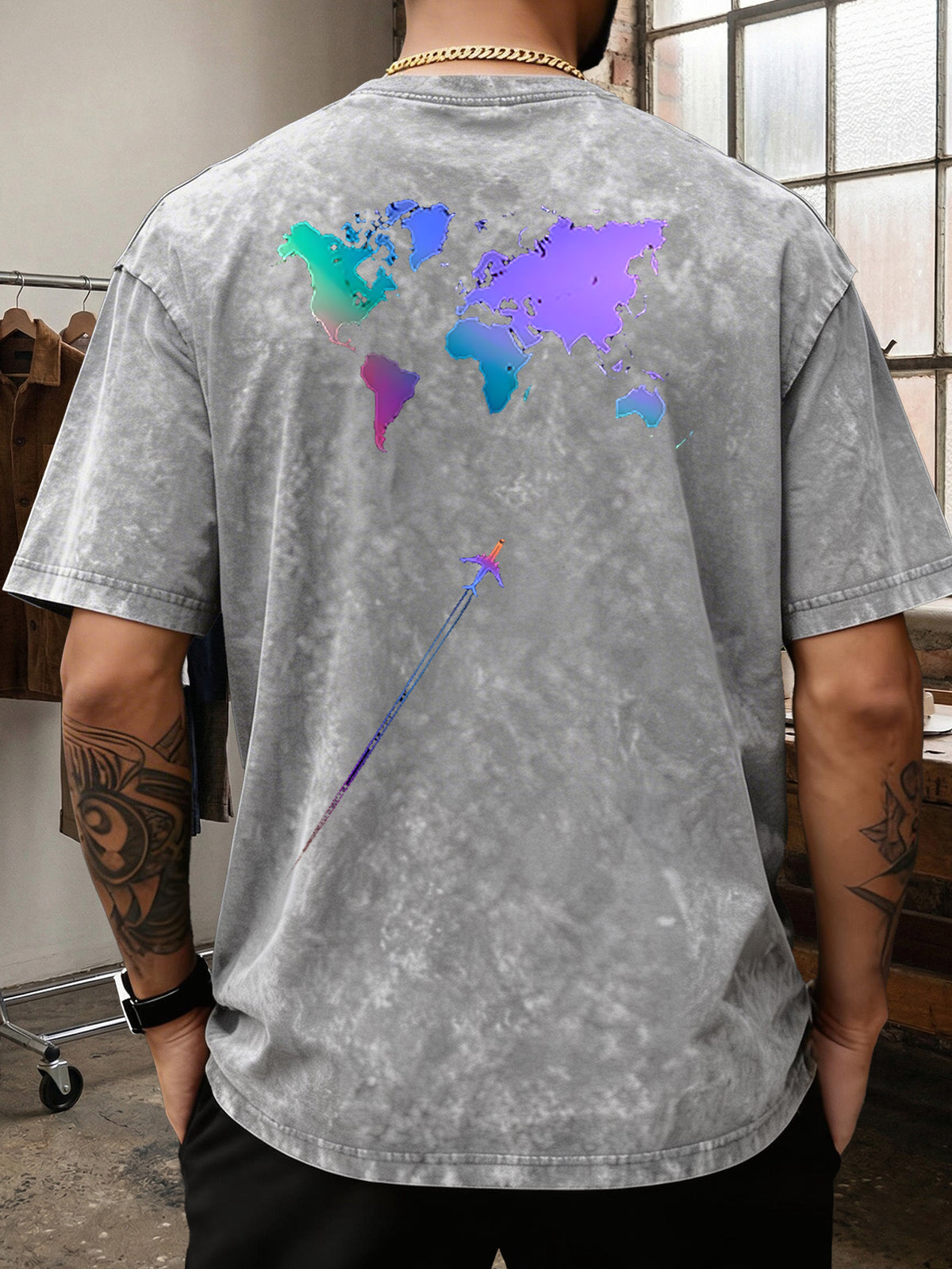 Men's Heavyweight T-Shirt Washed Distressed Gradient World Map Airplane Fashion Print Vintage Heavy Cotton Streetwear High Street Style Summer Casual Versatile Gym Fitness Daily Commute Tee 2026 Urban Fashion - Grey