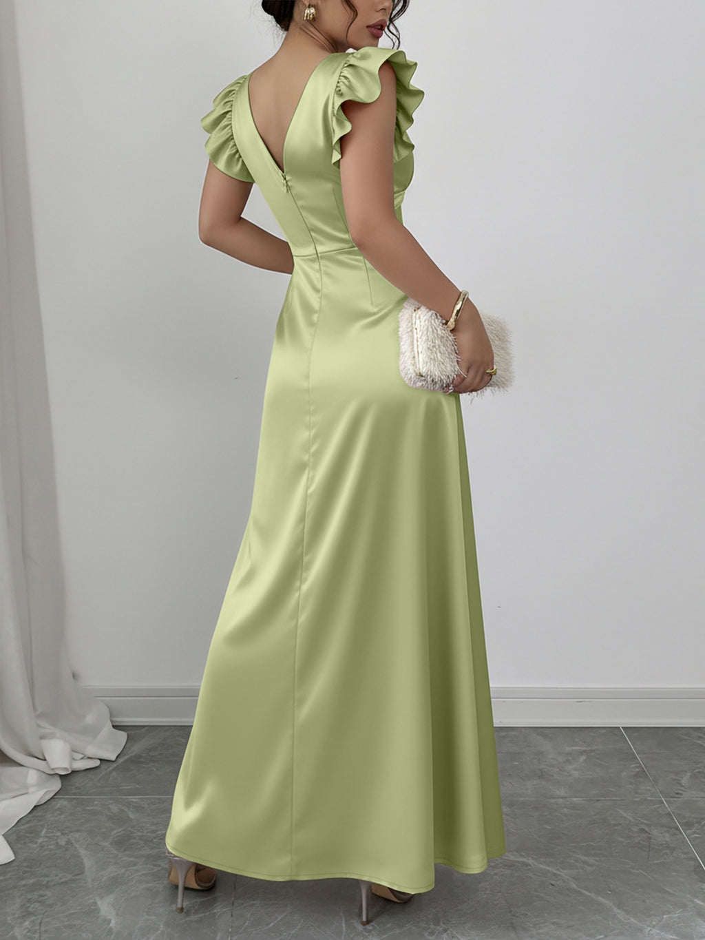 Ladies Elegant Solid Color V-Neck Ruffle Sleeve A-Line Satin Dress - Matcha Color