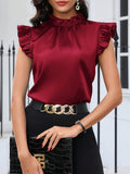 Spring-Summer New Arrival: Elegant Pleated Lace Collar Fashionable Short Sleeve Versatile Solid Color Women's Top - Deep Red