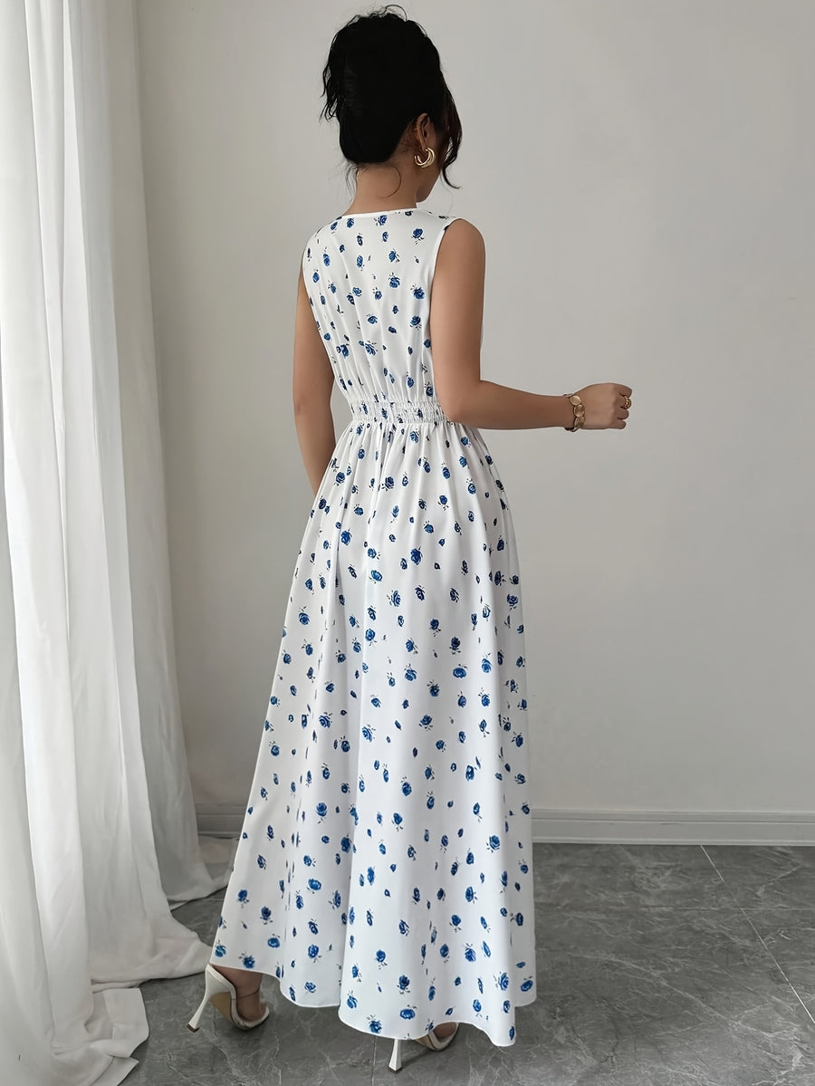 Women's Summer Vacation Floral Print Elegant Cinched Waist Sleeveless Long Dress, Simple and Stylish - Mixed colors