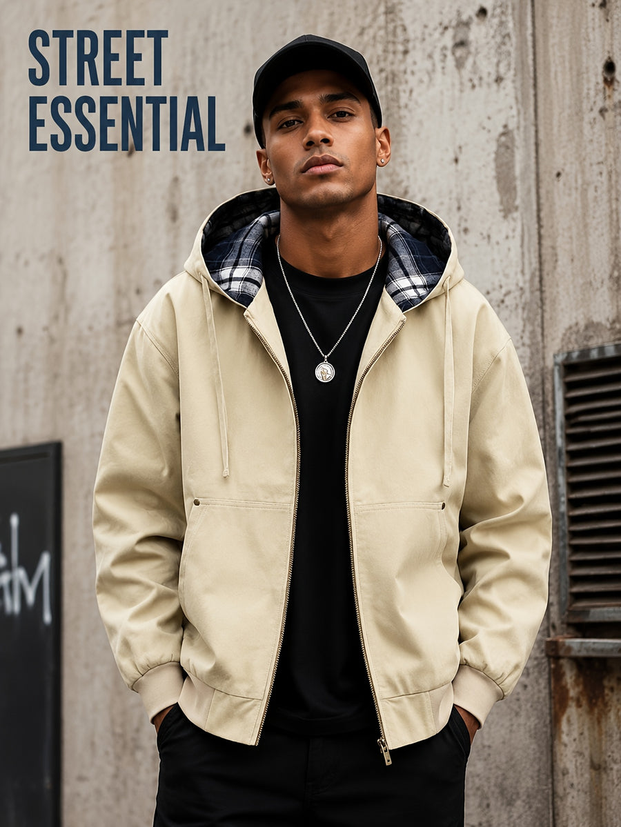 Men'S Full-Zip Hooded Jacket, Non-Removable Hood with Plaid Lining, Drawstring Hood Design, Large Kangaroo Pockets, Ribbed Cuffs And Hem, Loose Fit, Urban Street Casual Cargo Jacket - Apricot