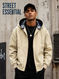 Men'S Full-Zip Hooded Jacket, Non-Removable Hood with Plaid Lining, Drawstring Hood Design, Large Kangaroo Pockets, Ribbed Cuffs And Hem, Loose Fit, Urban Street Casual Cargo Jacket - Apricot