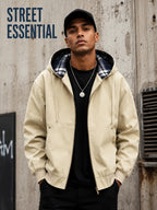 Men'S Full-Zip Hooded Jacket, Non-Removable Hood with Plaid Lining, Drawstring Hood Design, Large Kangaroo Pockets, Ribbed Cuffs And Hem, Loose Fit, Urban Street Casual Cargo Jacket - Apricot