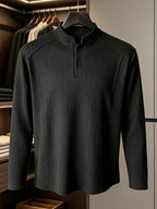 Men's Ribbed Cable Henry Neck Sweatshirt, Autumn Long Sleeve T-Shirt, American Style Premium Versatile Button-Patch Piece Top - Black