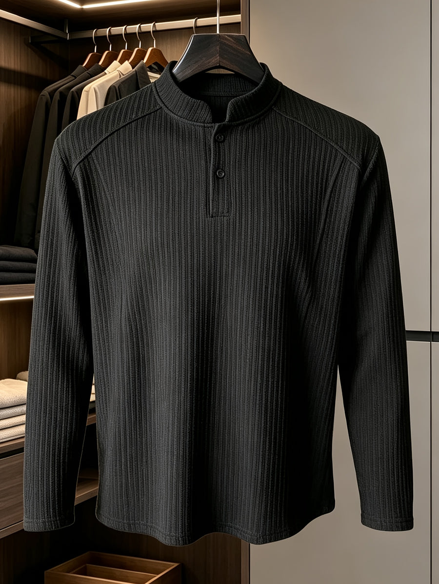 Men's Ribbed Cable Henry Neck Sweatshirt, Autumn Long Sleeve T-Shirt, American Style Premium Versatile Button-Patch Piece Top - Black