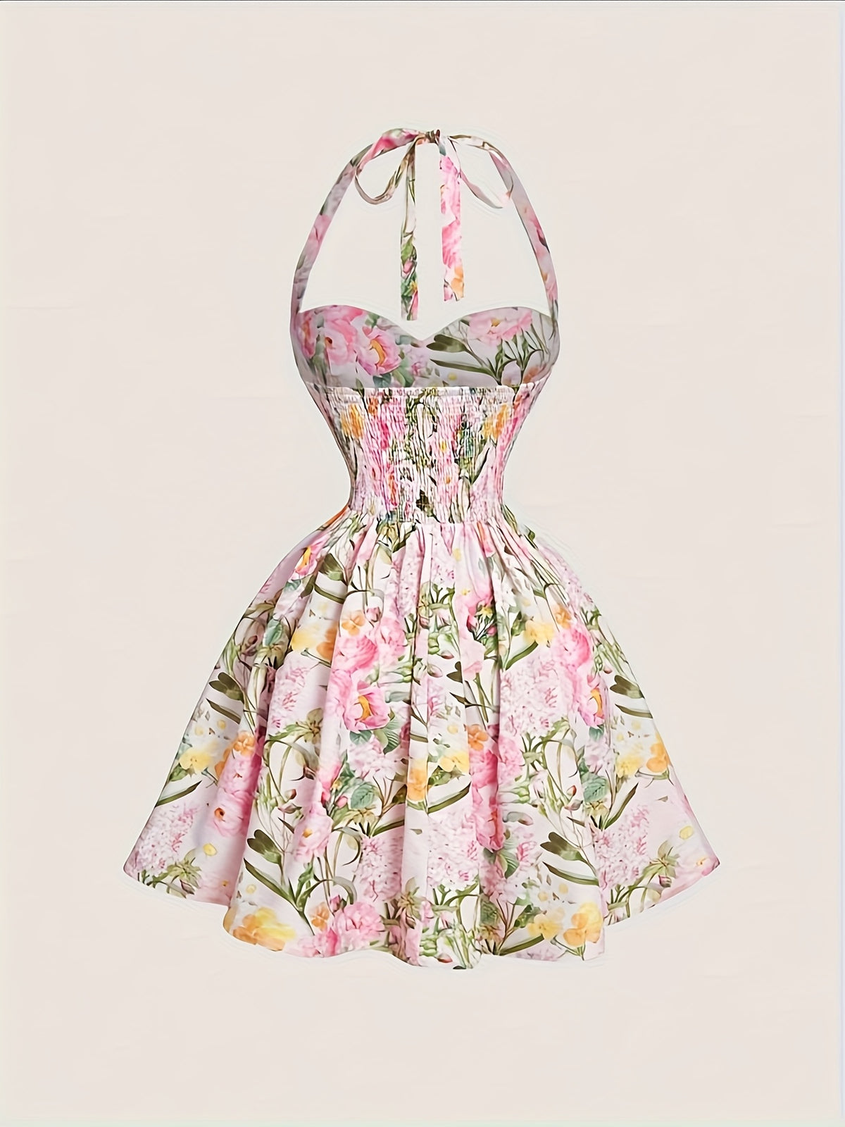 Elegant Women'S Printed Halter Neck Dress with a Fitted Waist - Mixed colors