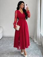 Elegant Women's Solid Color Patchwork Mesh Long Sleeve Dress - Red