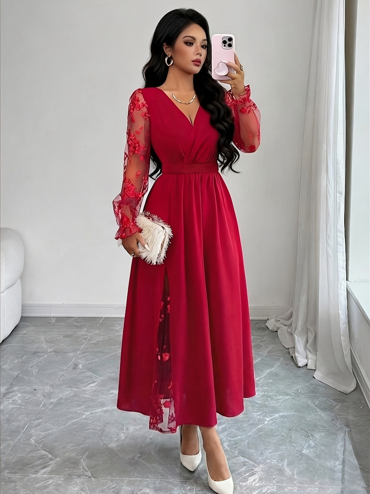 Elegant Women's Solid Color Patchwork Mesh Long Sleeve Dress - Red