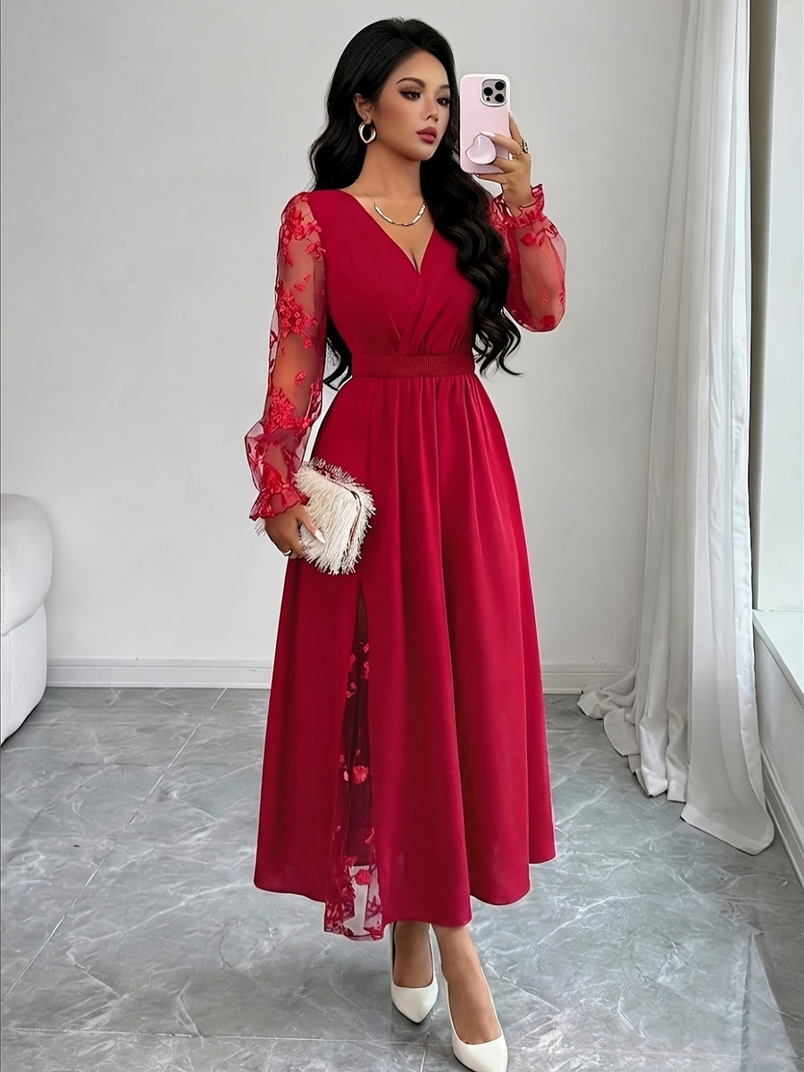 Elegant Women's Solid Color Patchwork Mesh Long Sleeve Dress - Red