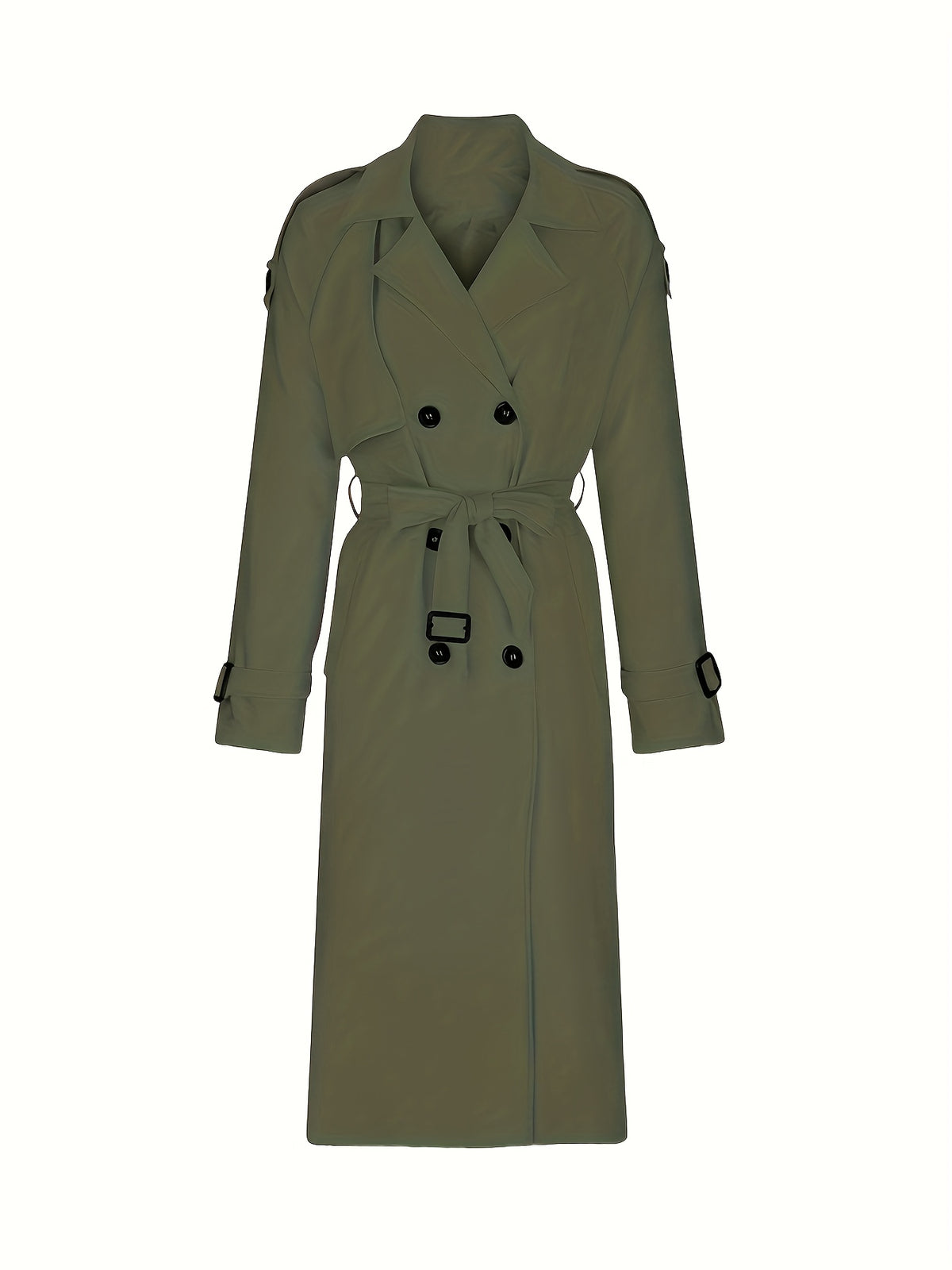 Women'S Autumn Winter Casual Temperament Solid Color Trench Coat Mid-Length Outerwear - Olive Green