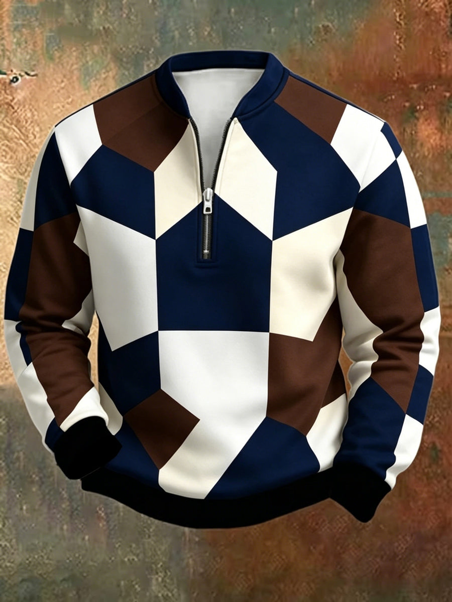 [Print Design - Not Textured] Men'S Retro Geometric Color-Block Digital Print Half-Zip Stand Collar Sweatshirt, Spring/Autumn Loose Casual Top, Daily Commute Outdoor Wear - Mixed colors