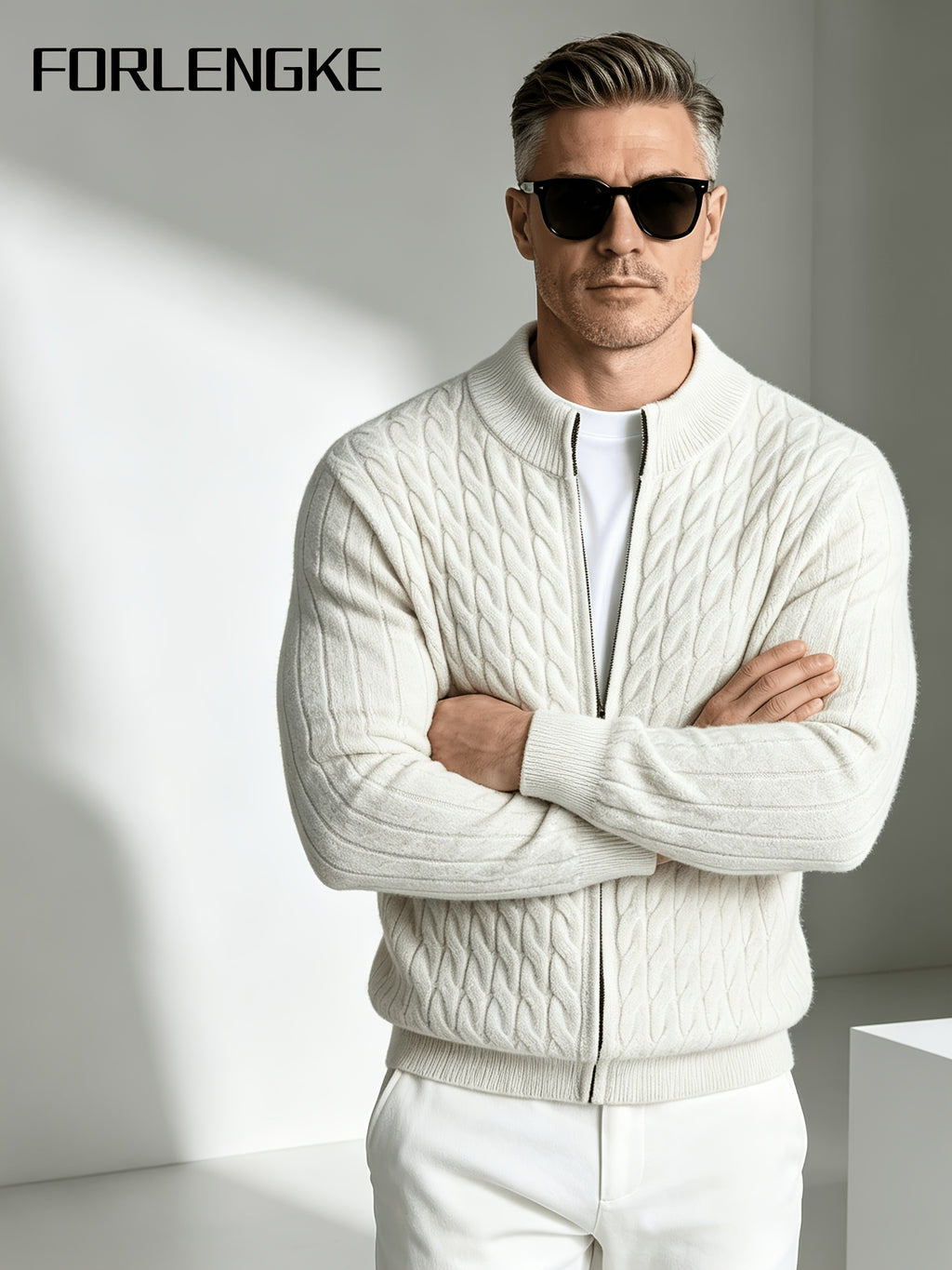 FORLENGKE Men'S Business Casual Stand Collar Cable Knit Cardigan, Soft Warm Textured Long Sleeve Sweater Jacket for Fall Winter Office Daily Wear - White