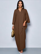 Spring Summer Women'S Fashion Elegant V-Neck Loose Batwing Sleeve Beltless One-Piece Dress - Khaki