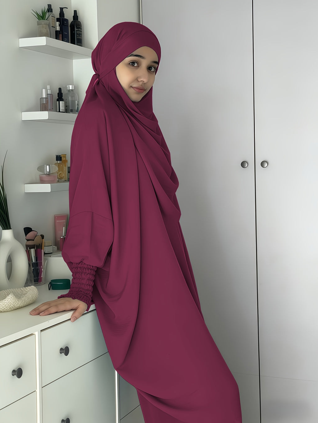 Khimar and Abaya Jilbab Dress, Loose Robe with Elastic Sleeves, High Privacy, Premium Jilbab for Muslim Women, Prayer Headscarf, Islamic Clothing, Khimar - Burgundy