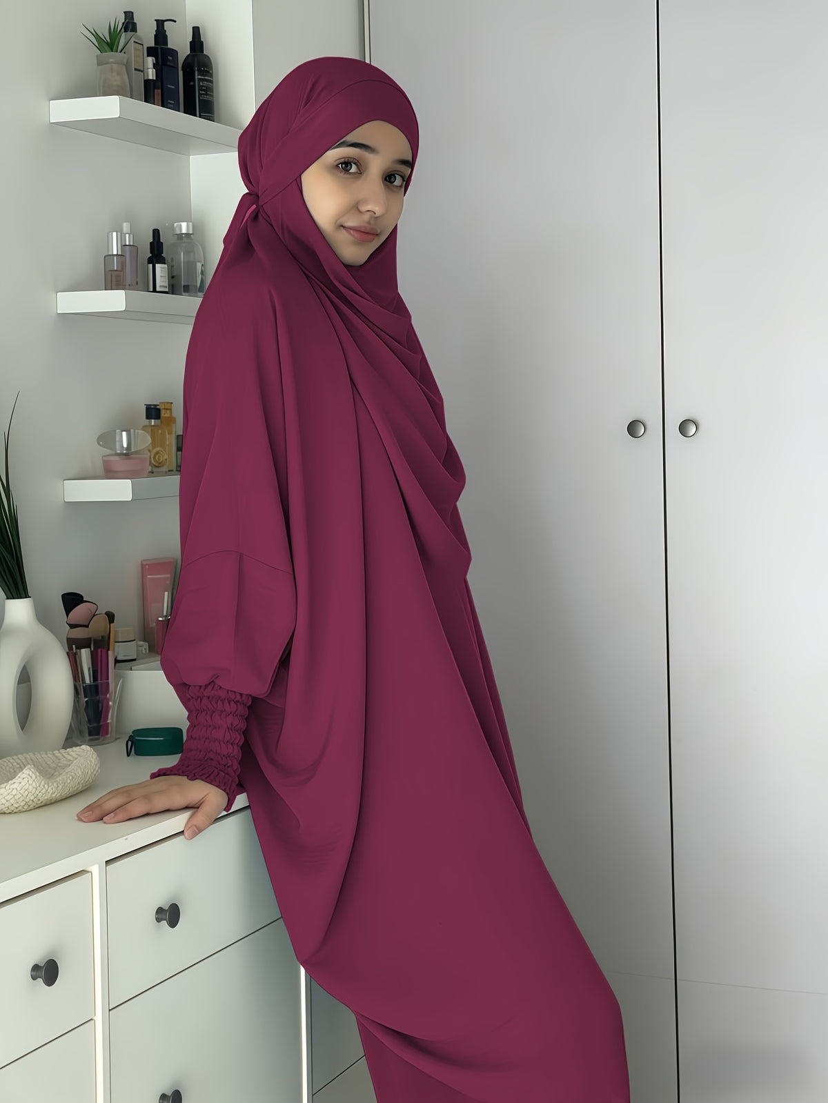 Khimar and Abaya Jilbab Dress, Loose Robe with Elastic Sleeves, High Privacy, Premium Jilbab for Muslim Women, Prayer Headscarf, Islamic Clothing, Khimar - Burgundy