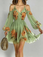 Women's Spring/Summer Casual Elegant Vacation Off-Shoulder V-Neck Printed Flared Sleeve Mini Dress ZLLZ - Multicolor