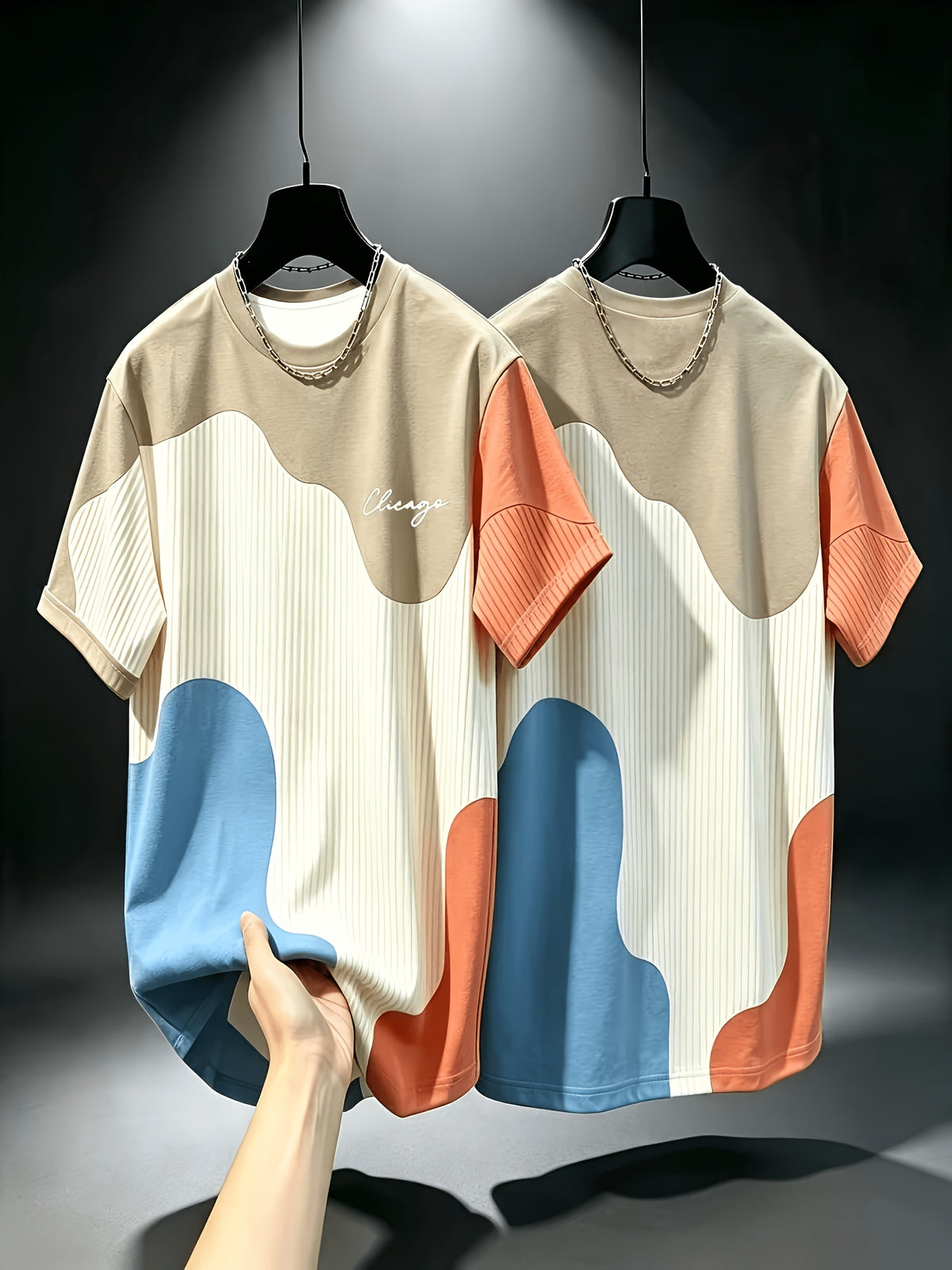Printed Design - Non-Textured Men's Casual Crew Neck T-Shirt, Geometric Pattern Patchwork Stripe Design, Chicago Word "Chicago" Graphic, Draping Fashion Top, All-Season Wear, Breathable Regular Fit for Daily and Formal Outfits - Crew Neck Casual Top - Mixed colors