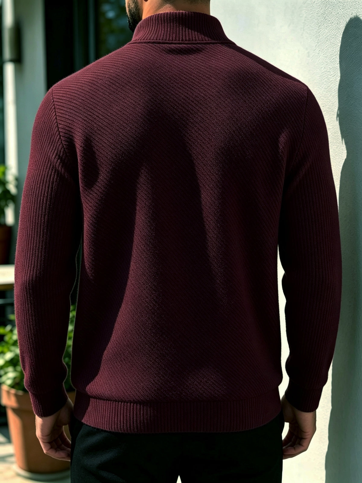 [Saa Xing OBM] Men'S Fashionable All-Match Top, Checkered Texture Half-Zip Stand Collar Long Sleeve Shirt, Casual Pullover Sweatshirt Knitwear, Knit Solid Color Long Sleeve Daily Casual, Sports Fitness Fashion All-Match - Burgundy