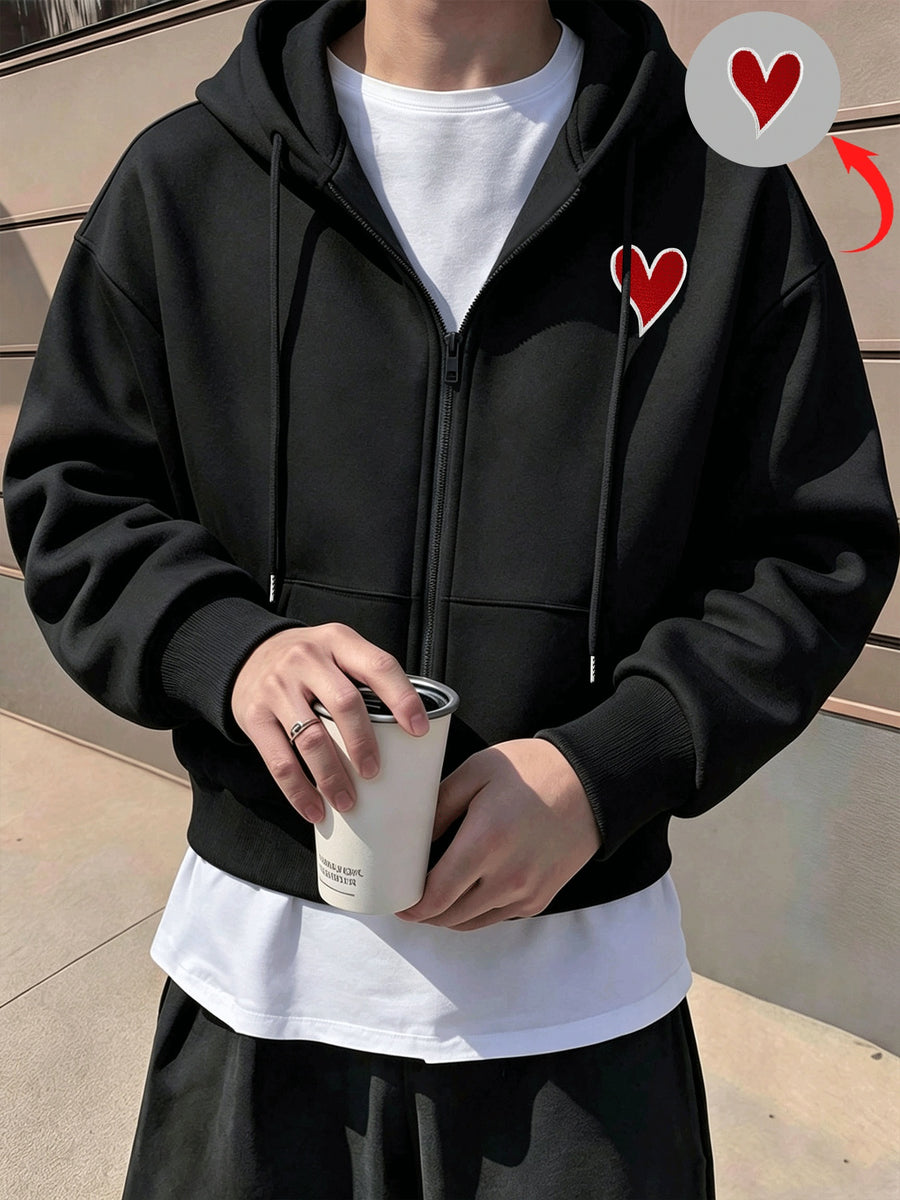 Men's Solid Color Drop Shoulder Zip-Up Sweatshirt, Double-Layer Hooded Sweatshirt Jacket, Long-Sleeve -Lined Jacket, Men's Zip-Up Cardigan for Spring/Autumn Casual Wear, Cropped Hooded Sweatshirt with Pockets and Drawstring, Suitable for Outings - Black 1