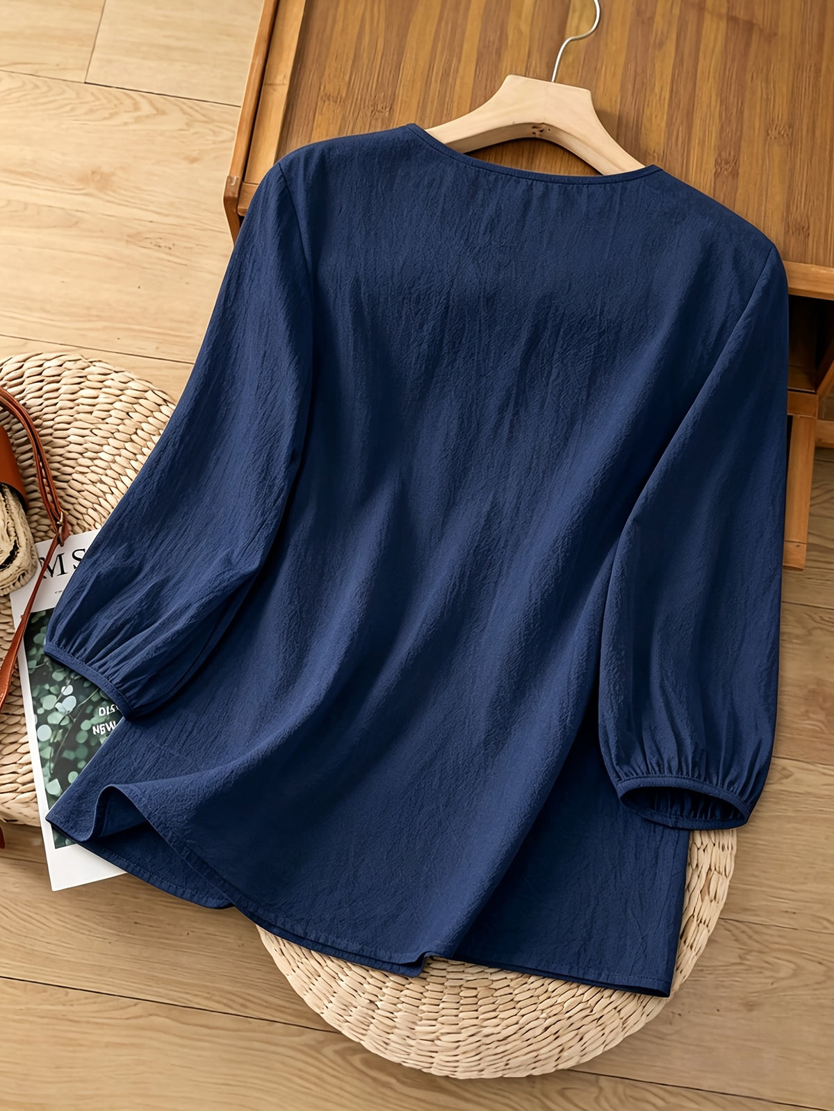 French-Style Gentle Textured Shirt with V-Neck, Lace Floral Design, Lantern Sleeves, Loose Fit, Relaxed Style, Versatile Daily Top - Navy Color