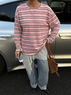 Vintage Brown/White/Blue Striped Oversized T-Shirt - Loose Fit Drop Shoulder Long Sleeve Top Suitable for Slightly Fuller Figures, Machine Washable Layering Piece for Fall Winter Wardrobe, Pilling & Fade Resistant Style - Mixed Color 5