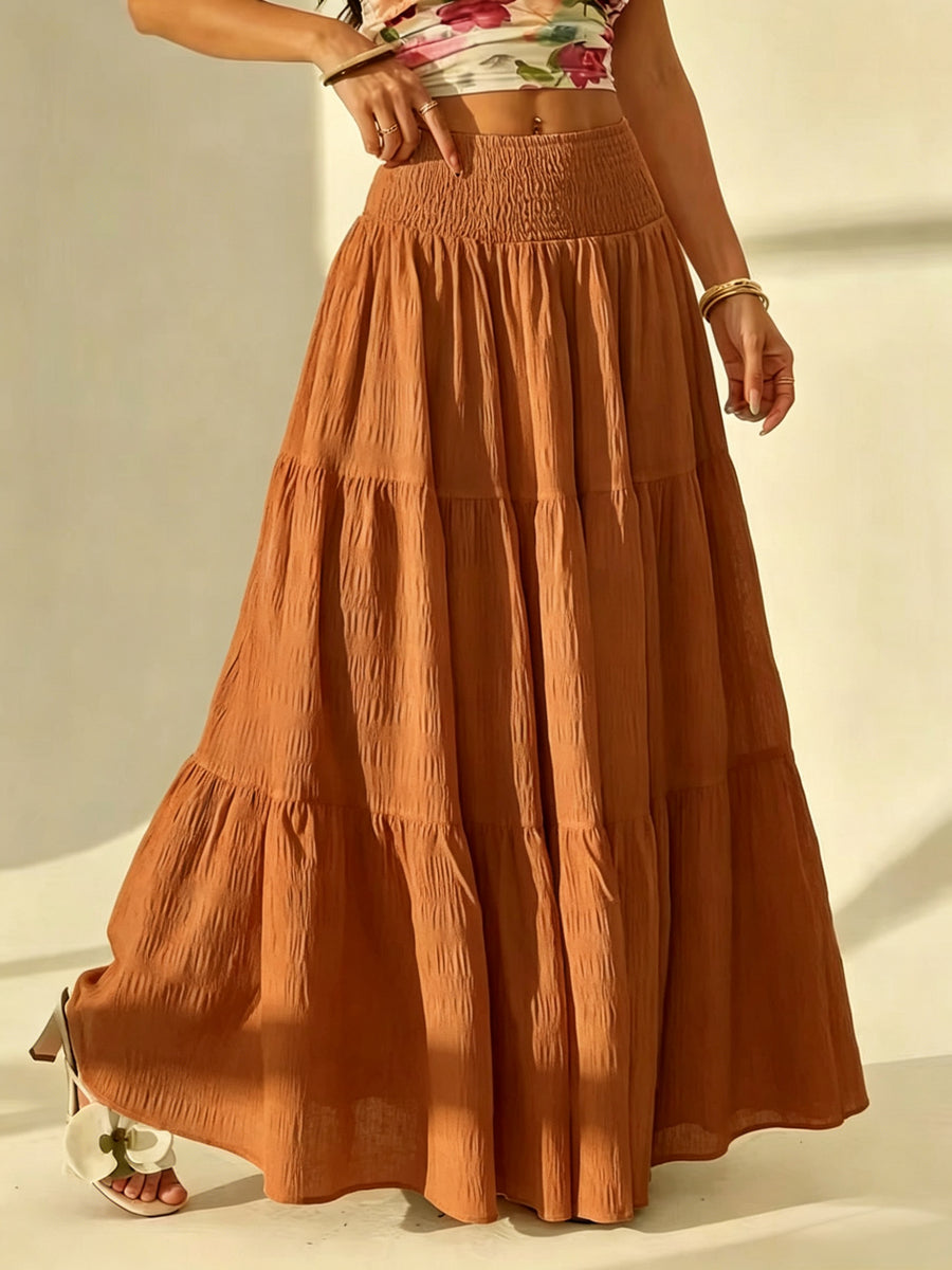 Bohemian Tiered Maxi Skirt, High-Waist Smocked A-Line Flowy Long Skirt, Casual Loose Pleated Solid Color Skirt for Beach Vacation Daily Wear, Women'S Fashion - Yellowish-brown