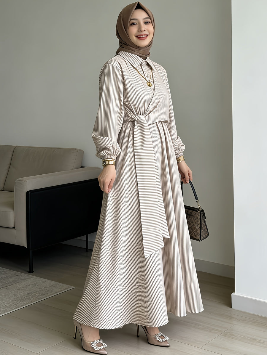 Women'S Striped Shirt Dress, Gentle Style Temperament Shirt Dress, Design-Driven Twisted Long Skirt - Khaki
