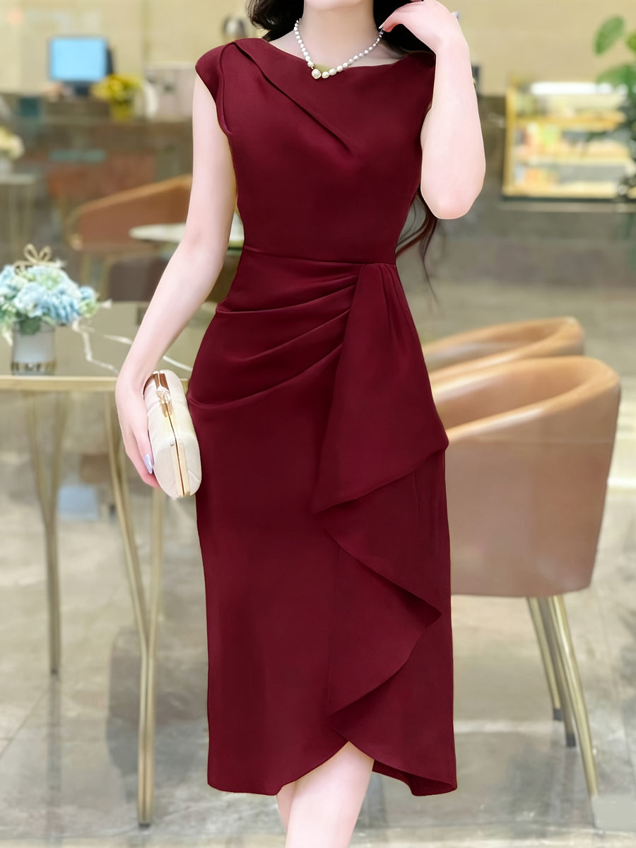 Spring-Summer Pleated Asymmetrical Elegant Design Women's Dress Gown - Burgundy