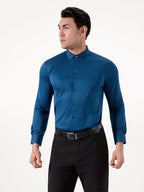 Seamless High-Elasticity Pressed Hem Wrinkle-Free Men's Long-Sleeve Striped Fashion Casual High-End Button-Up Cardigan Four-Way Stretch Men's Top, Fabric Weight 160g, Material 88% Polyester Fiber 12% Spandex - Peacock Blue Stripe